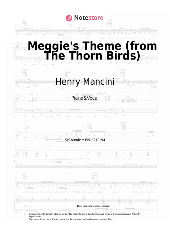 Meggie's Theme (from The Thorn Birds) - Henry Mancini Piano Sheet Music with the Voice part - Piano&Vocal