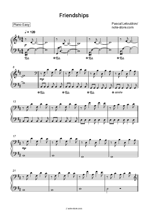 Friendships - Pascal Letoublon Piano Sheet Music Easy - Piano.Easy
