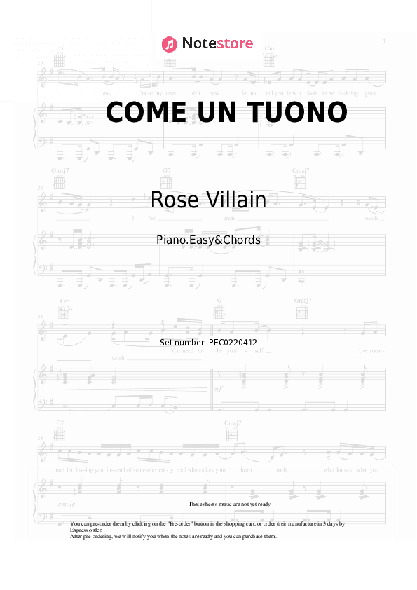 COME UN TUONO - Rose Villain, Guè Sheet Music Easy and Chords - Piano.Easy&Chords