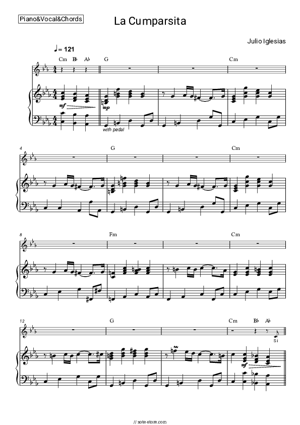 La Cumparsita - Julio Iglesias Piano Sheet Music with the Vocal and Chords - Piano&Vocal&Chords