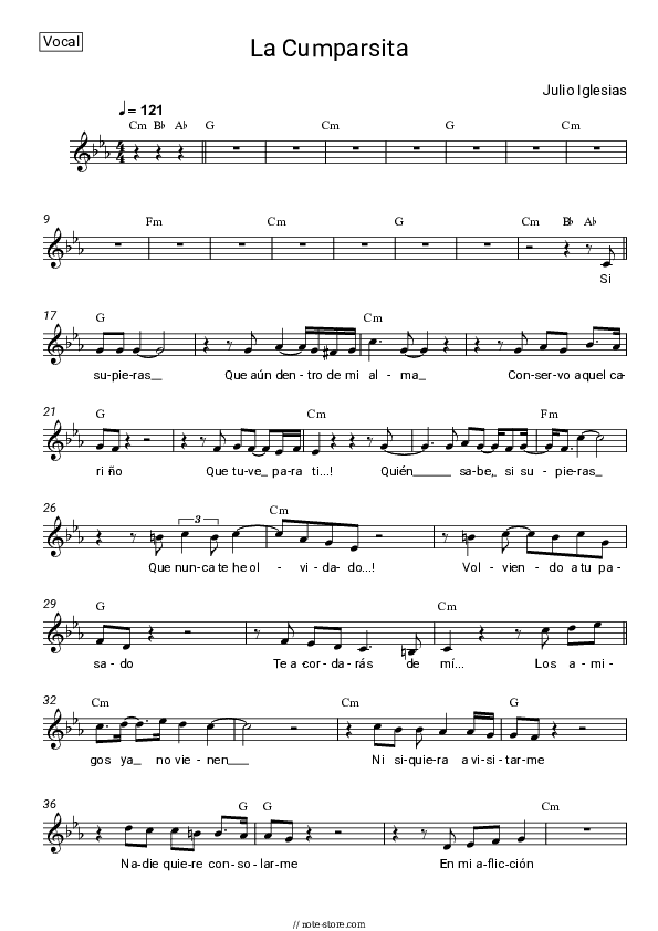 La Cumparsita - Julio Iglesias Vocal Sheet Music - Vocal
