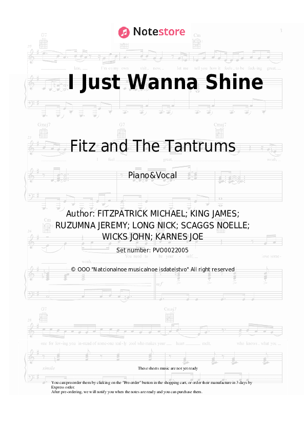 I Just Wanna Shine - Fitz and The Tantrums Piano Sheet Music with the Voice part - Piano&Vocal