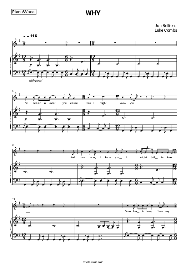 WHY - Jon Bellion, Luke Combs Piano Sheet Music with the Voice part - Piano&Vocal