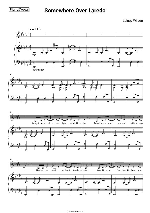 Somewhere Over Laredo - Lainey Wilson Piano Sheet Music with the Voice part - Piano&Vocal