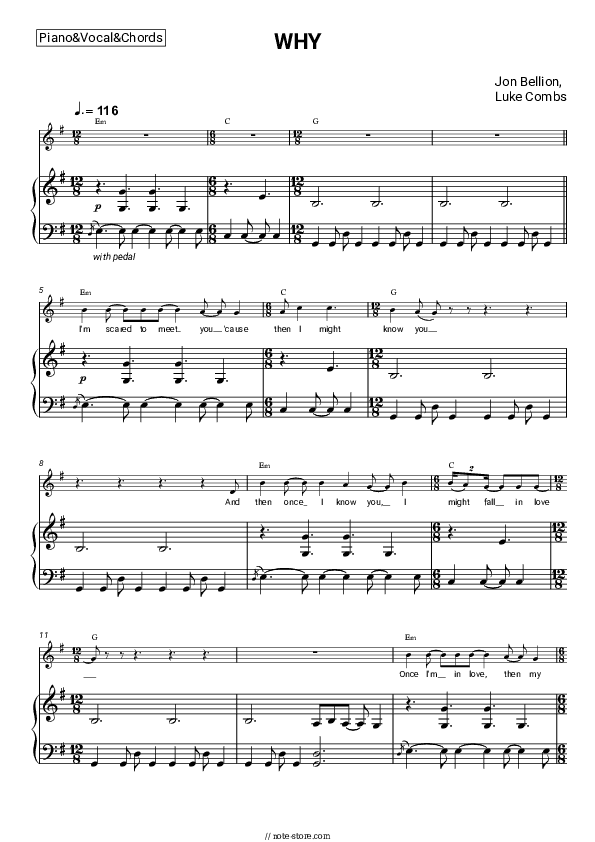 WHY - Jon Bellion, Luke Combs Piano Sheet Music with the Vocal and Chords - Piano&Vocal&Chords