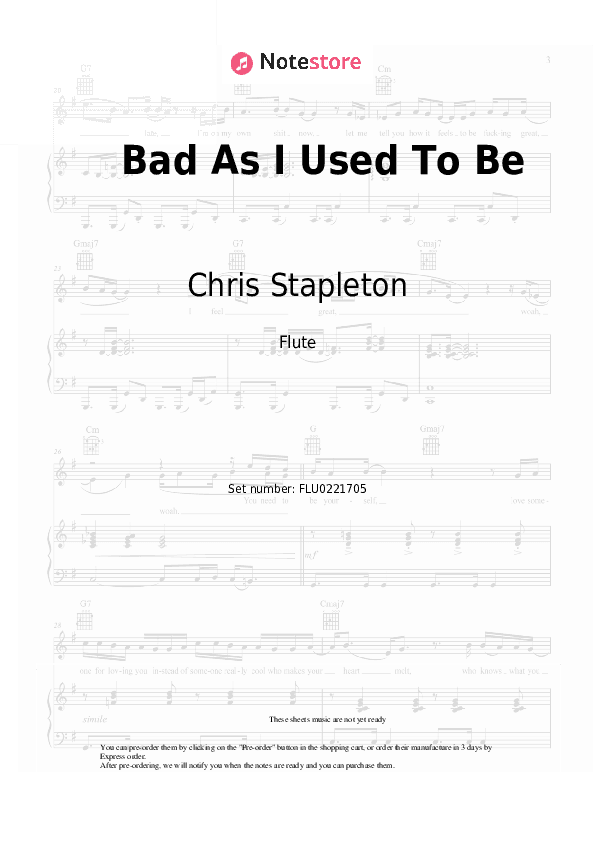 Bad As I Used To Be - Chris Stapleton Flute Sheet Music - Flute