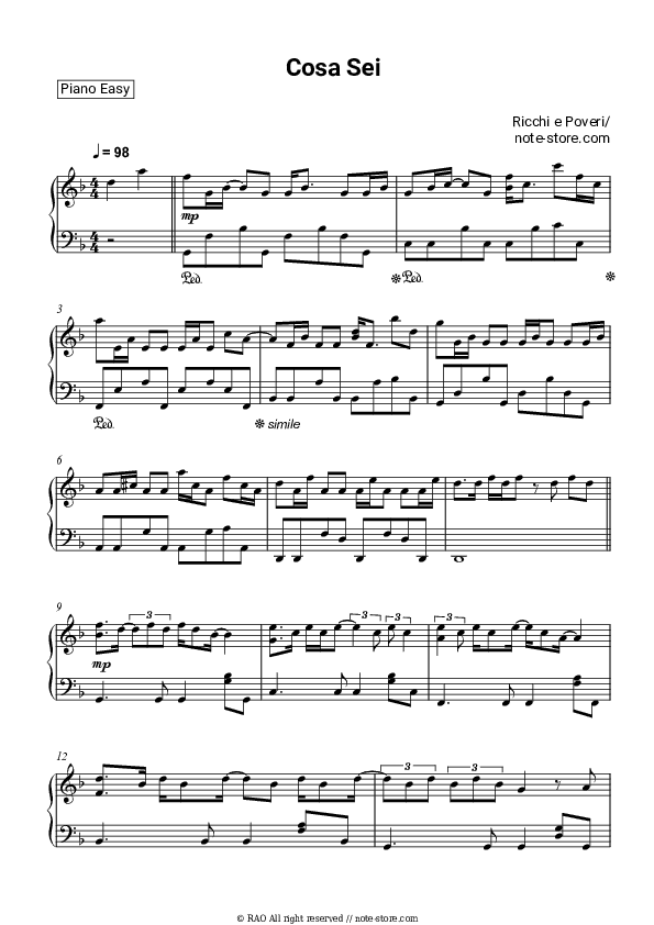 Cosa sei - Ricchi e Poveri Piano Sheet Music Easy - Piano.Easy