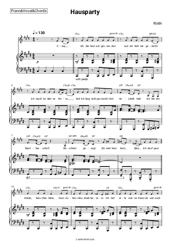 Hausparty - RIAN Piano Sheet Music with the Vocal and Chords - Piano&Vocal&Chords