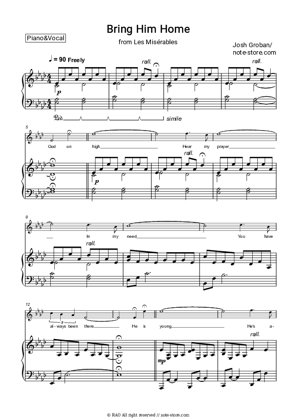 Bring him home (Les Misérables) - Josh Groban, Claude-Michel Schonberg Piano Sheet Music with the Voice part - Piano&Vocal