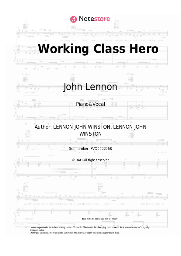 Working Class Hero - John Lennon Piano Sheet Music with the Voice part - Piano&Vocal