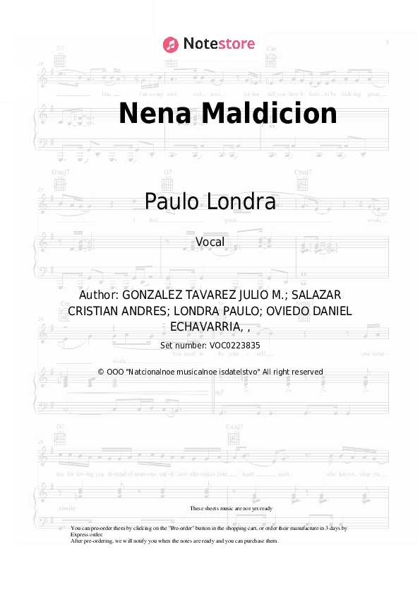 Nena Maldicion - Paulo Londra, Lenny Tavarez Vocal Sheet Music - Vocal