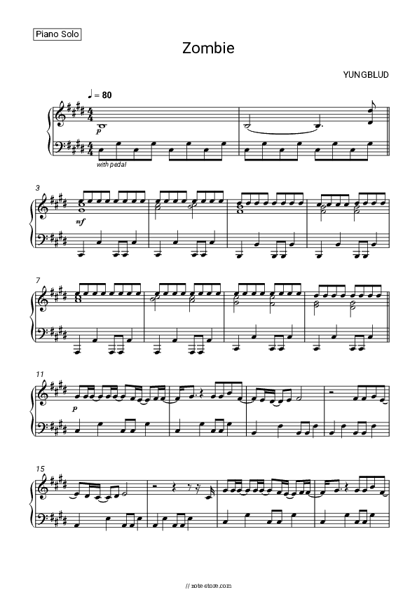 Zombie - Yungblud Piano Sheet Music - Piano.Solo