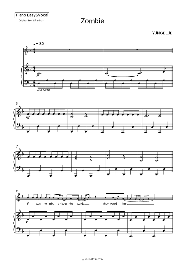 Zombie - Yungblud Piano Sheet Music Easy and Vocal - Piano&Vocal.Easy