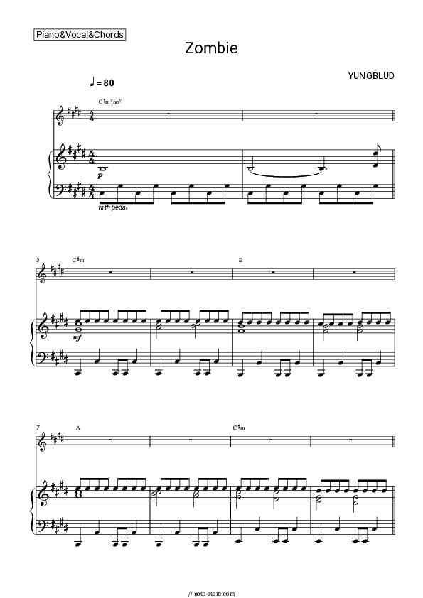 Zombie - Yungblud Piano Sheet Music with the Vocal and Chords - Piano&Vocal&Chords