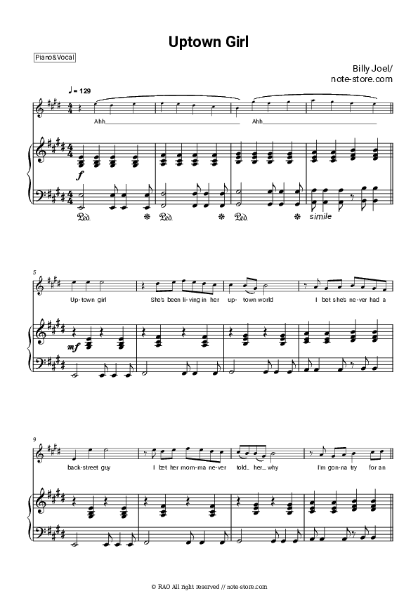 Uptown Girl - Billy Joel Piano Sheet Music with the Voice part - Piano&Vocal