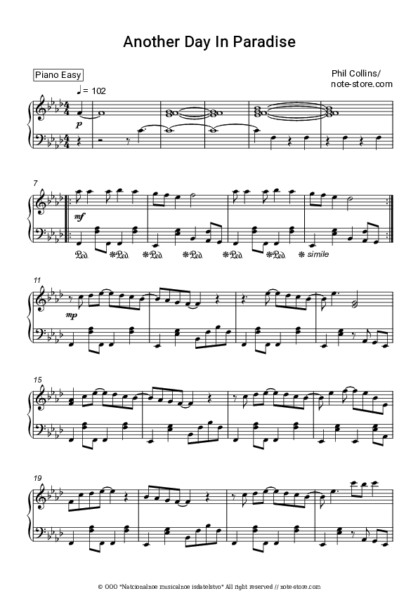 Another Day In Paradise - Phil Collins Piano Sheet Music Easy - Piano.Easy