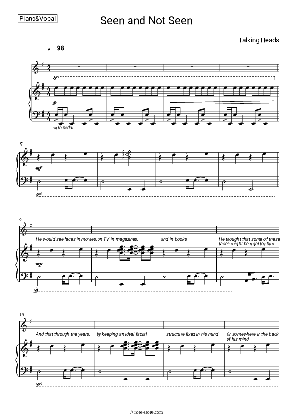 Seen and Not Seen - Talking Heads Piano Sheet Music with the Voice part - Piano&Vocal