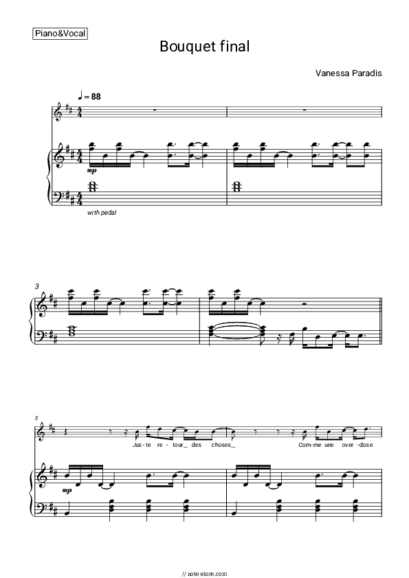 Bouquet final - Vanessa Paradis Piano Sheet Music with the Voice part - Piano&Vocal