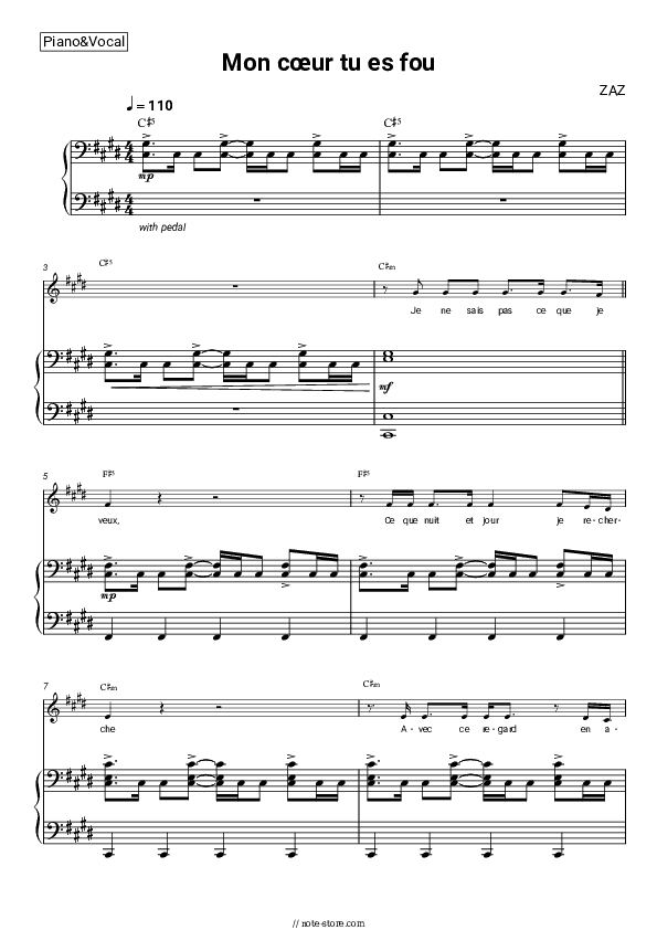 Mon cœur tu es fou - ZAZ Piano Sheet Music with the Vocal and Chords - Piano&Vocal&Chords