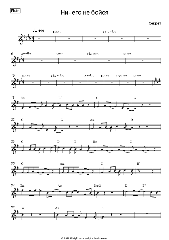 Ничего не бойся - Sekret Flute Sheet Music - Flute