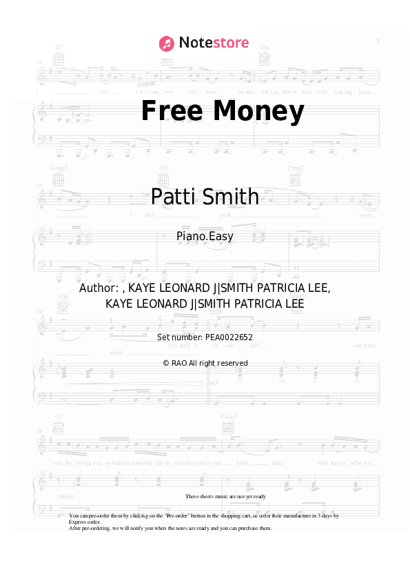 Free Money - Patti Smith Piano Sheet Music Easy - Piano.Easy