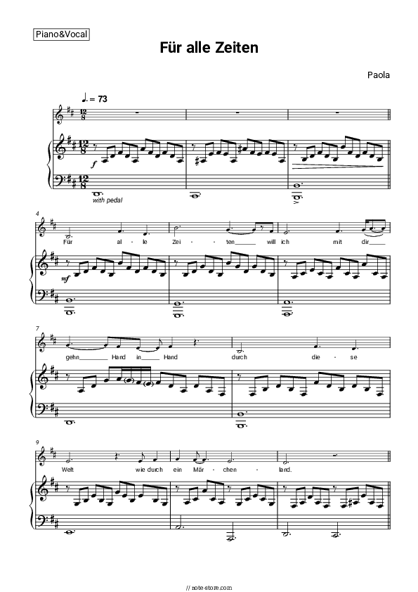 Für alle Zeiten - Paola Piano Sheet Music with the Voice part - Piano&Vocal