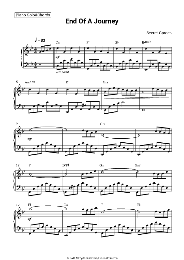 End Of A Journey - Secret Garden Piano Sheet Music and Chords - Piano.Solo&Chords