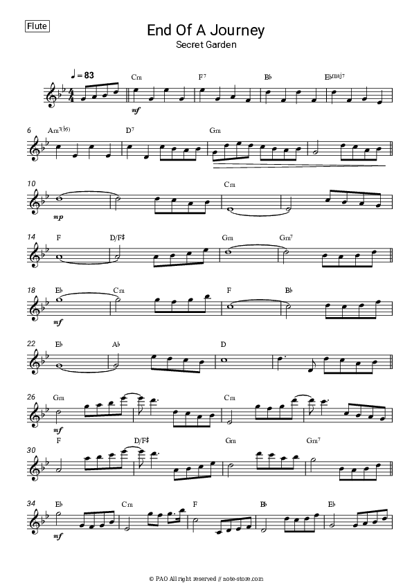 End Of A Journey - Secret Garden Flute Sheet Music - Flute