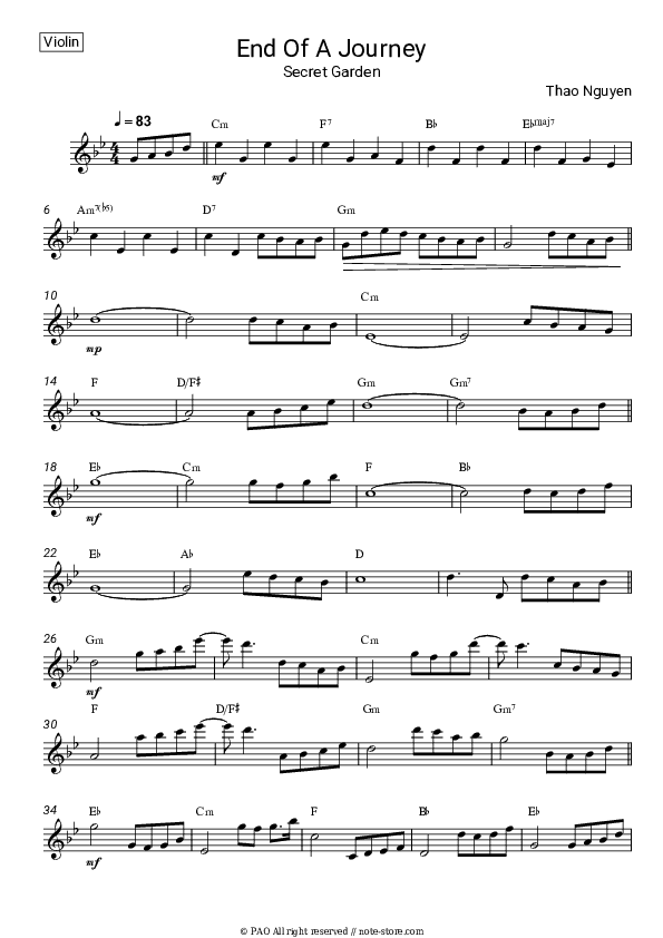 End Of A Journey - Secret Garden Violin Sheet Music - Violin