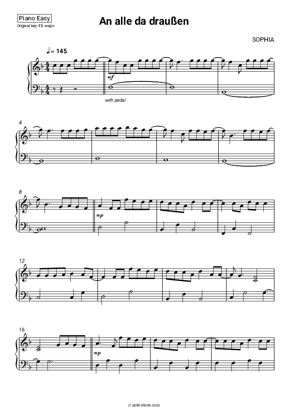 An alle da draußen - SOPHIA Piano Sheet Music Easy - Piano.Easy