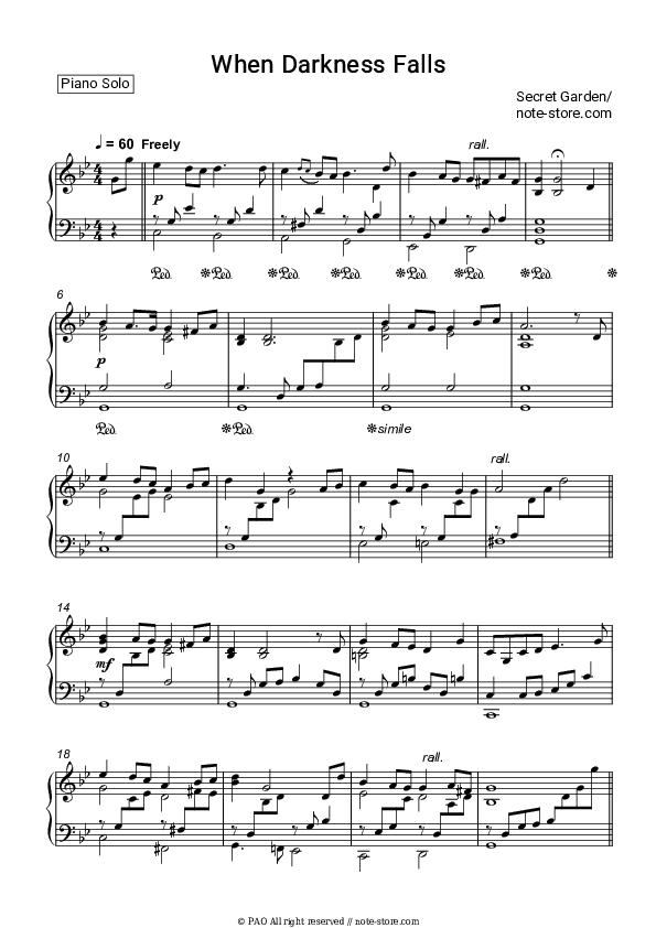 When Darkness Falls - Secret Garden Piano Sheet Music - Piano.Solo
