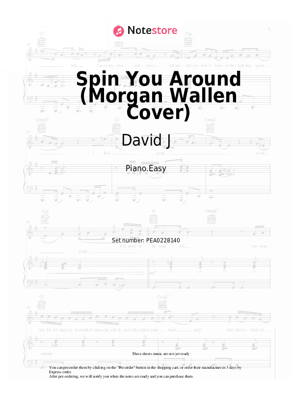 Spin You Around (Morgan Wallen Cover) - David J Piano Sheet Music Easy - Piano.Easy