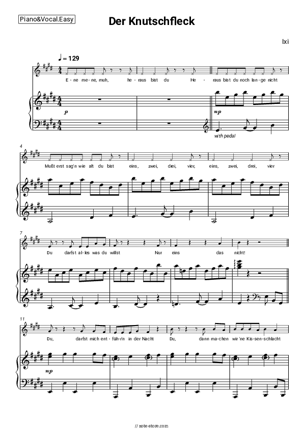 Der Knutschfleck - Ixi Piano Sheet Music Easy and Vocal - Piano&Vocal.Easy