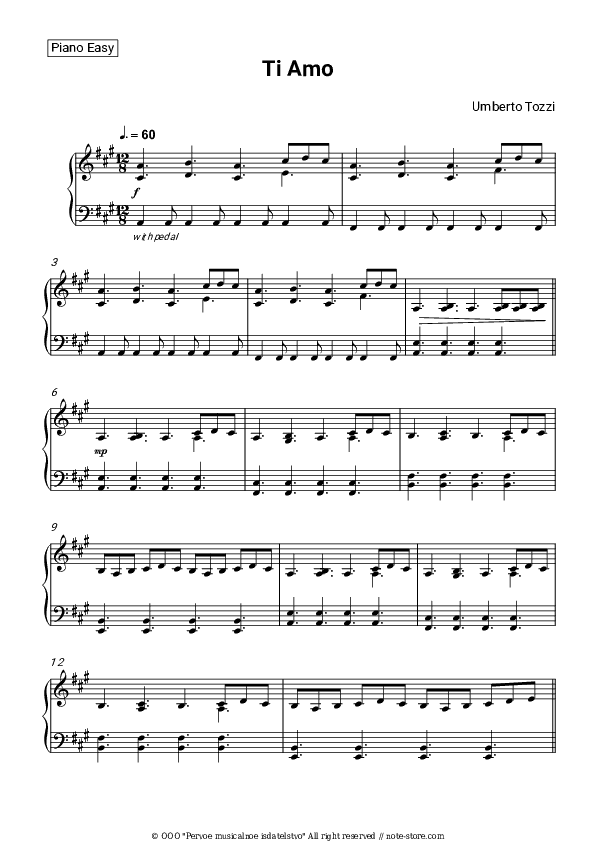 Ti Amo - Umberto Tozzi Piano Sheet Music Easy - Piano.Easy