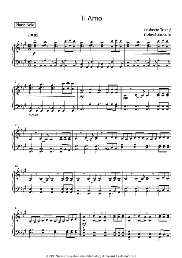 Ti Amo - Umberto Tozzi Piano Sheet Music - Piano.Solo