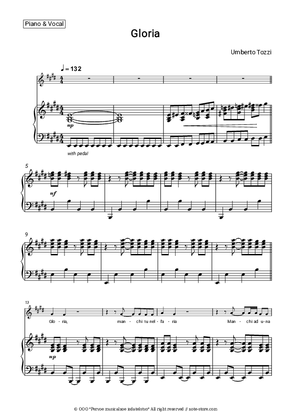 Gloria - Umberto Tozzi Piano Sheet Music with the Voice part - Piano&Vocal