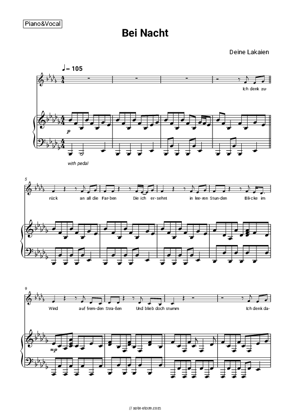 Bei Nacht - Deine Lakaien Piano Sheet Music with the Voice part - Piano&Vocal