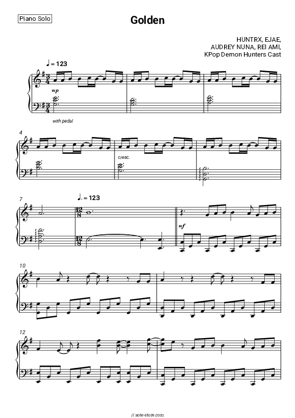 Golden - HUNTRX, EJAE, AUDREY NUNA, REI AMI, KPop Demon Hunters Cast Piano Sheet Music - Piano.Solo