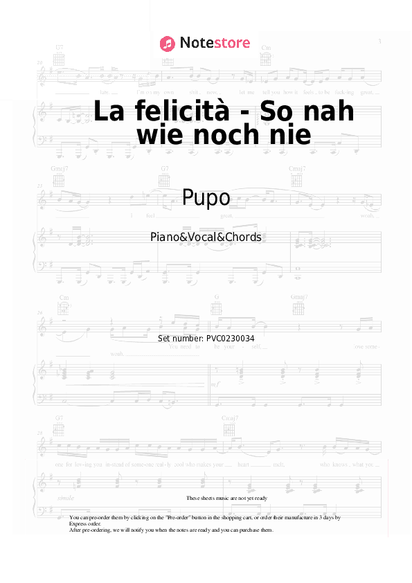 La felicità - So nah wie noch nie - Pupo, Nockis Piano Sheet Music with the Vocal and Chords - Piano&Vocal&Chords