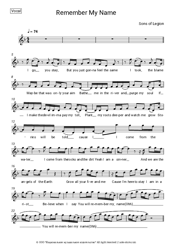 Remember My Name - Sons of Legion Vocal Sheet Music - Vocal