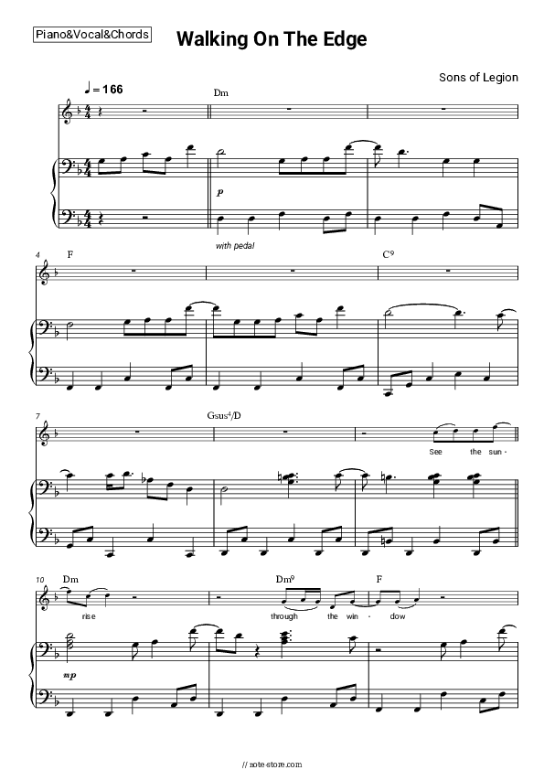 Walking On The Edge - Sons of Legion Piano Sheet Music with the Vocal and Chords - Piano&Vocal&Chords