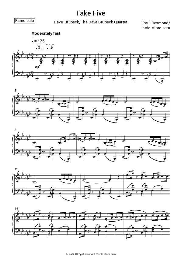 Take five - Dave Brubeck Piano Sheet Music - Piano.Solo