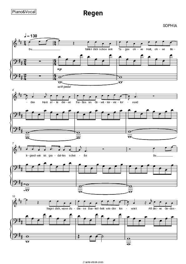 Regen - SOPHIA Piano Sheet Music with the Voice part - Piano&Vocal