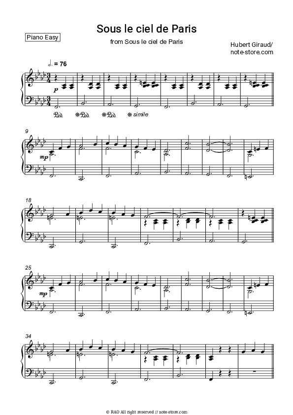 Sous le ciel de Paris - Hubert Giraud Piano Sheet Music Easy - Piano.Easy