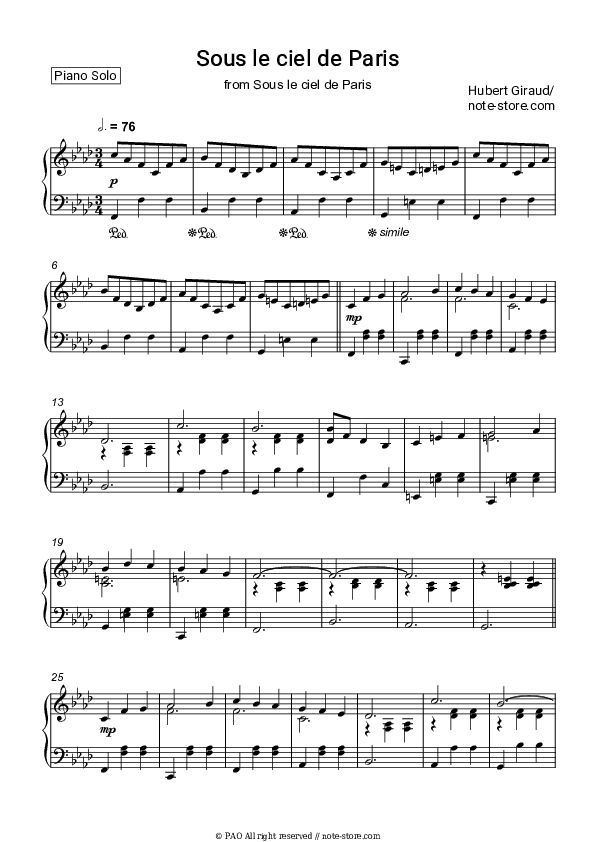 Sous le ciel de Paris - Hubert Giraud Piano Sheet Music - Piano.Solo
