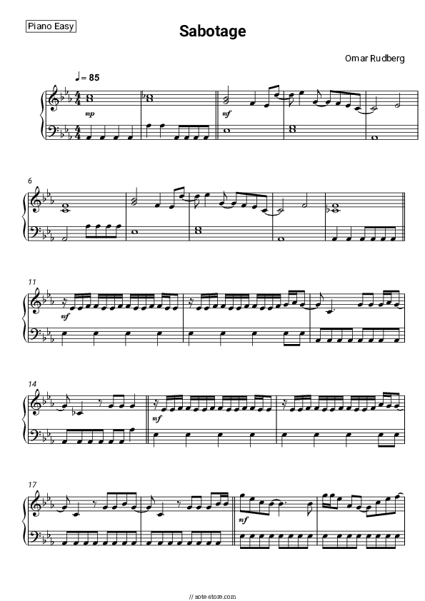 Sabotage - Omar Rudberg Piano Sheet Music Easy - Piano.Easy