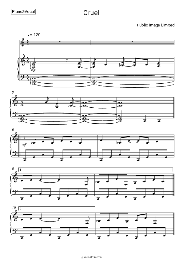 Cruel - Public Image Limited Piano Sheet Music with the Voice part - Piano&Vocal