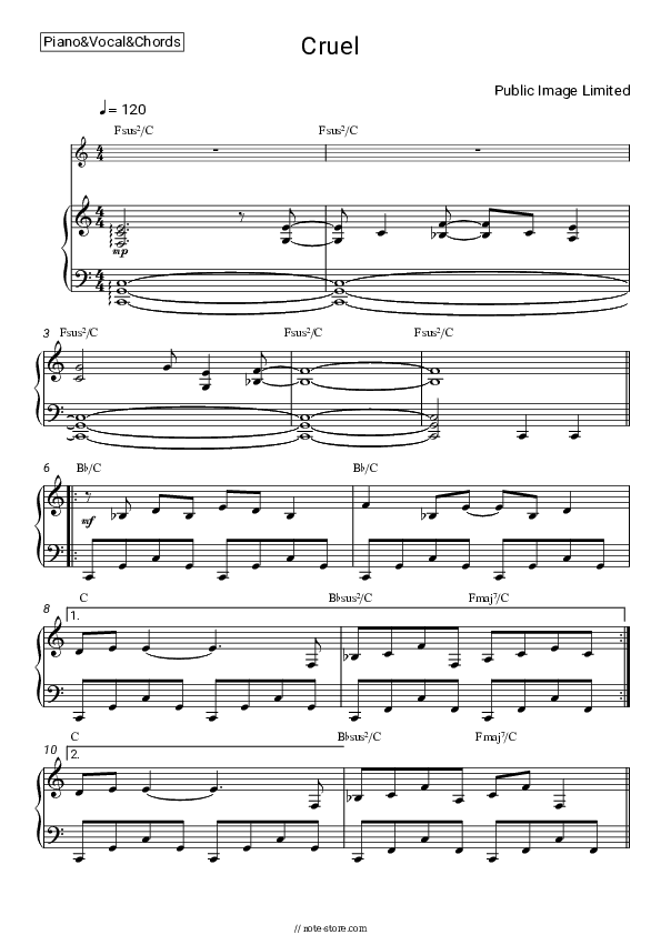 Cruel - Public Image Limited Piano Sheet Music with the Vocal and Chords - Piano&Vocal&Chords