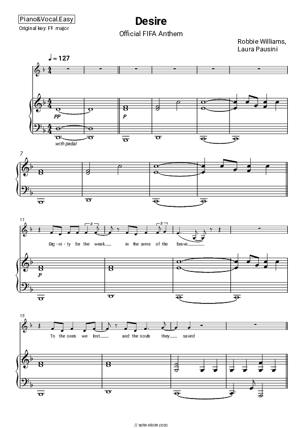 Desire (Official FIFA Anthem) - Robbie Williams, Laura Pausini Piano Sheet Music Easy and Vocal - Piano&Vocal.Easy