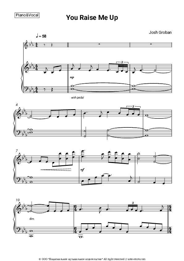 You Raise Me Up - Josh Groban Piano Sheet Music with the Voice part - Piano&Vocal